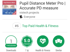 Pupil Distance Meter Pro ranked #6  in top paid Health and Fitness